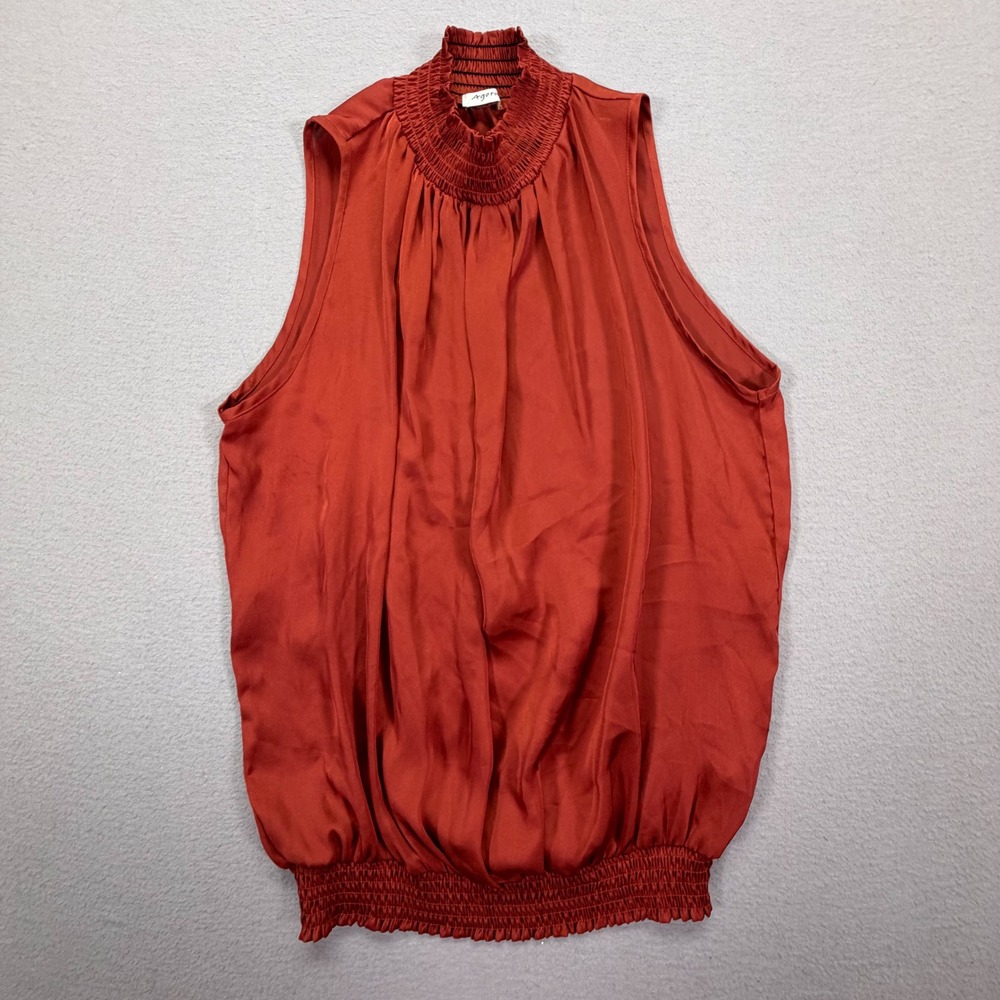 Agora Womens Blouse Regular Rust Orange Smocked High Neck Satin Sleeveless M